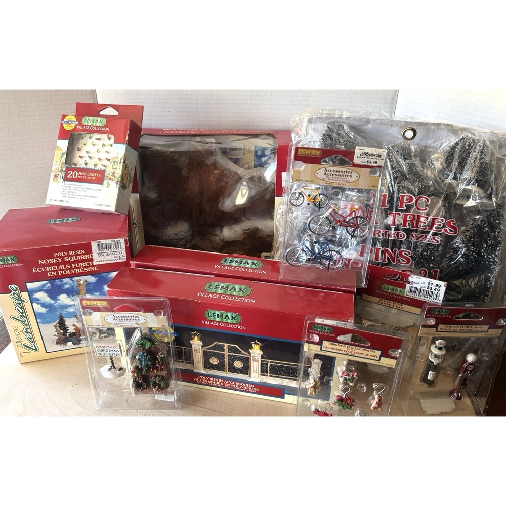 Vtg Lemax Christmas LOT of 12 NIP Village Mountain 29 Tree Victorian Fence Light